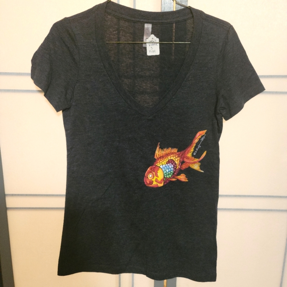 Lady's V-neck Graphic Tee "Fish" by rk3handcrafted